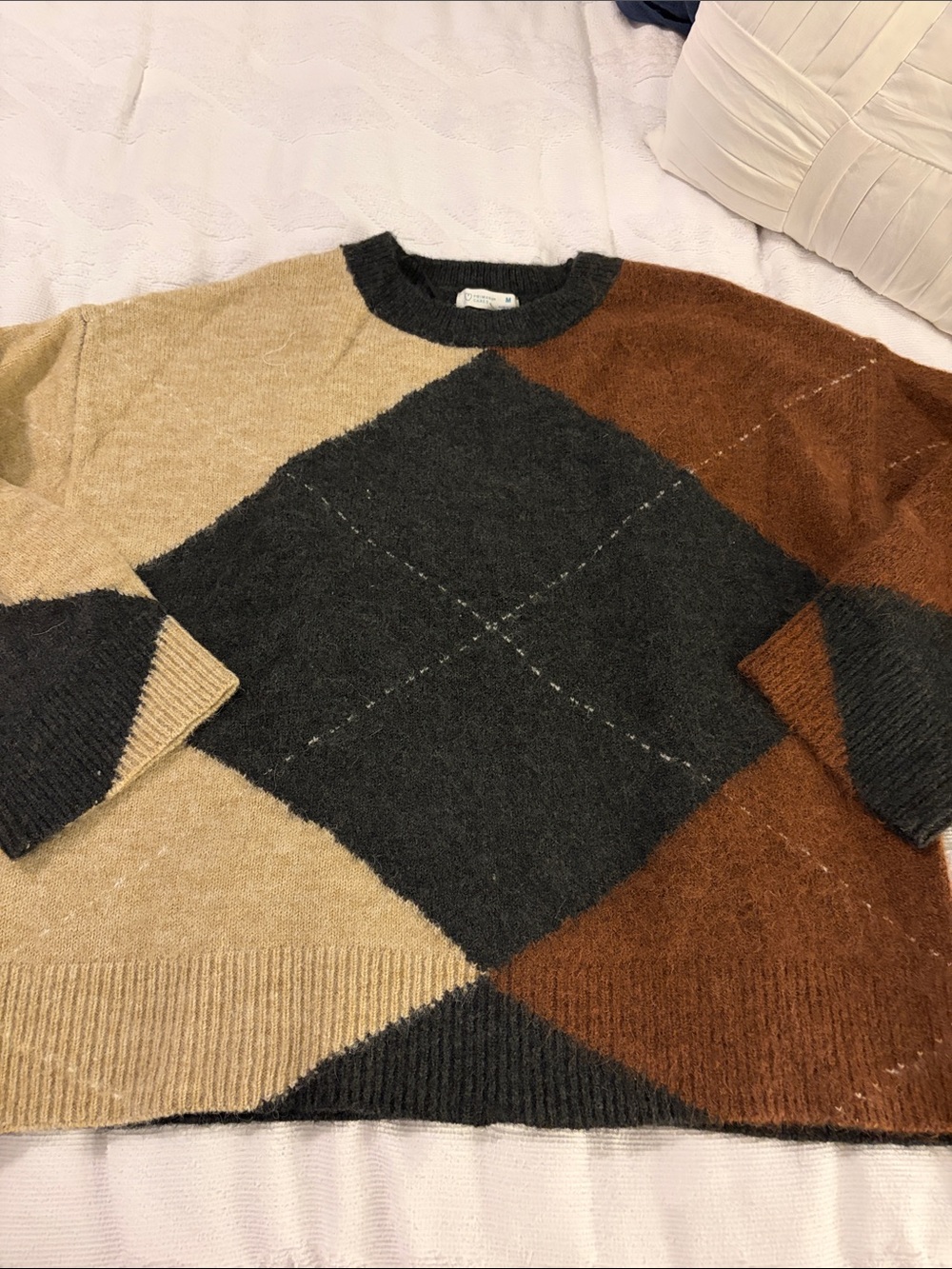 Primark Women's Argyle Crewneck Sweater - Charcoal, Tan & Brown